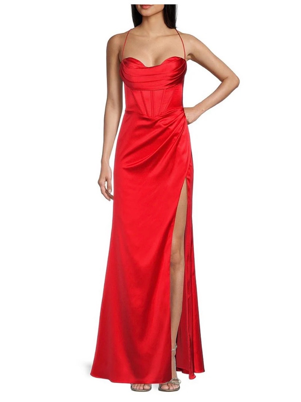 New GB Red Satin Sweetheart Corset Prom Dress with High Side Slit SIZE 3